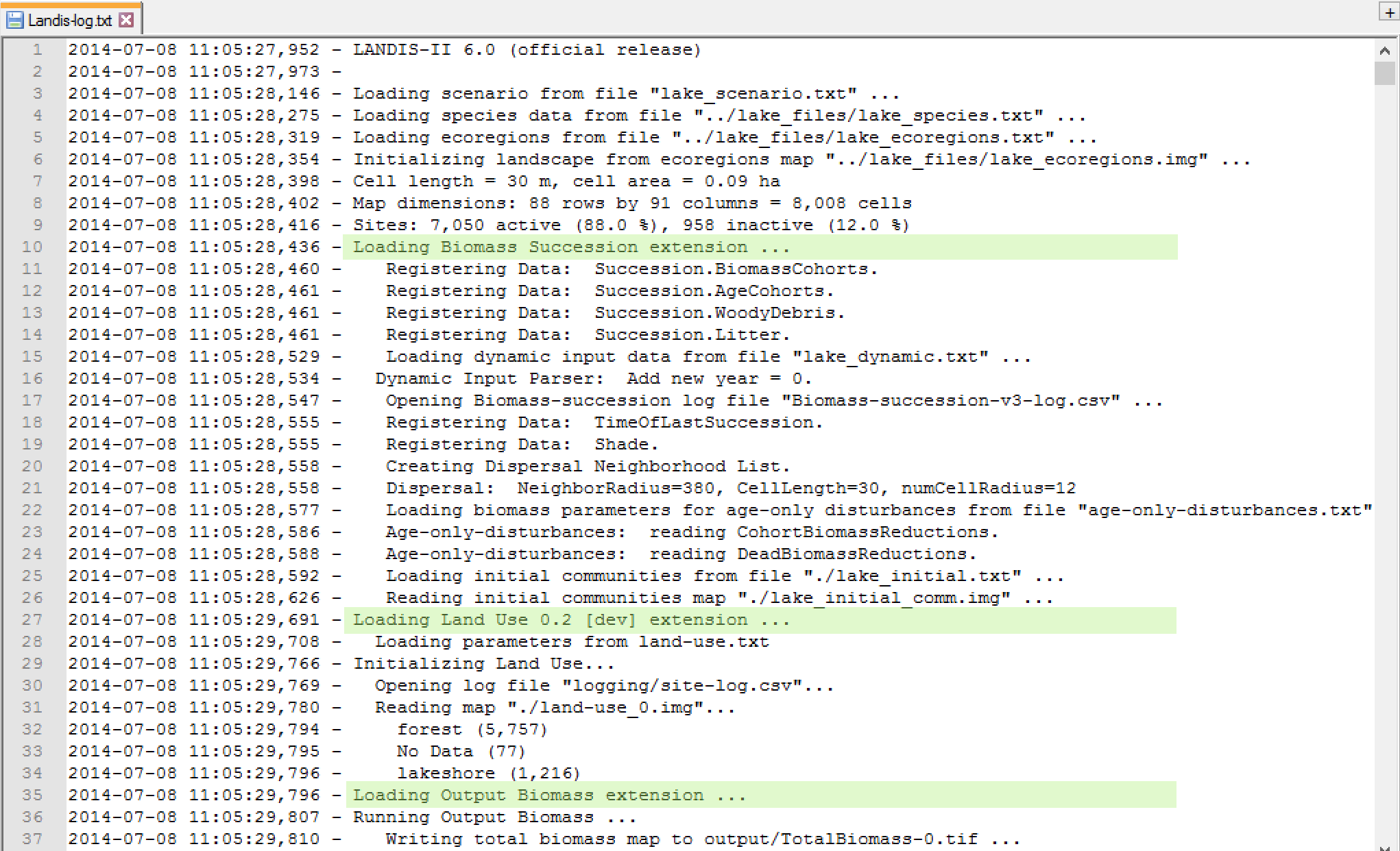 Landis-log.txt file with extension loading highlighted
